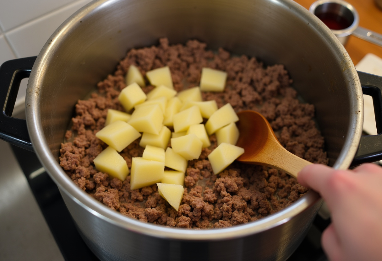 Adding potatoes and beef broth to the pot for Cheeseburger Soup.