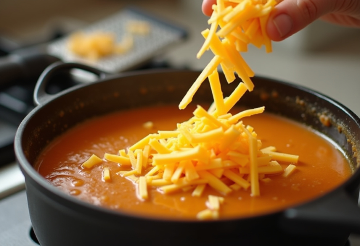 Shredded cheddar cheese melting into Cheeseburger Soup.