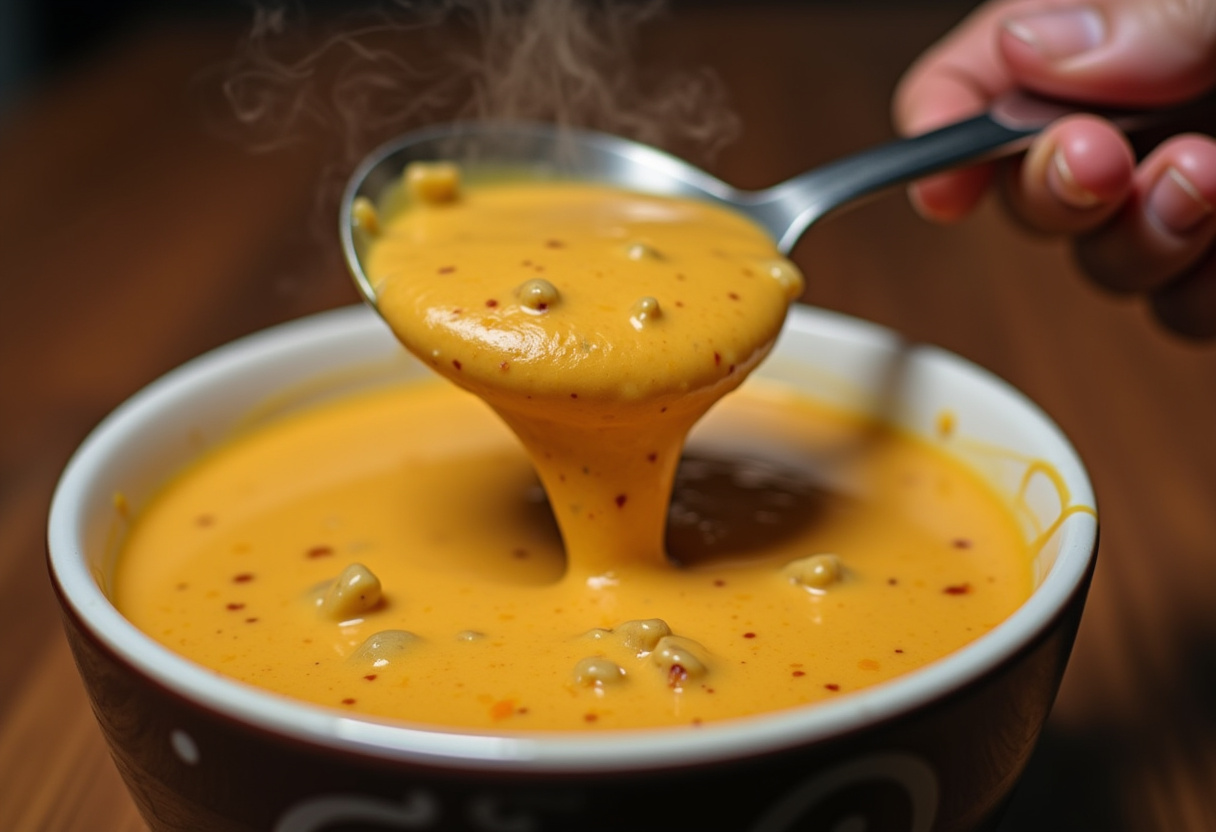 Ladling hot Cheeseburger Soup into a bowl.