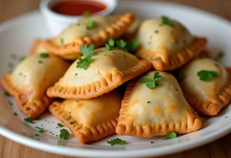 Golden-brown Quick and Easy Chicken Empanadas ready to serve with dipping sauce.