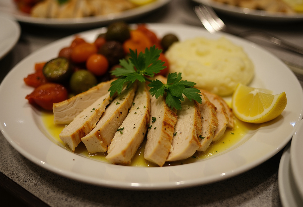 Finished Quick and Easy Garlic Butter Chicken served with roasted vegetables and mashed potatoes.