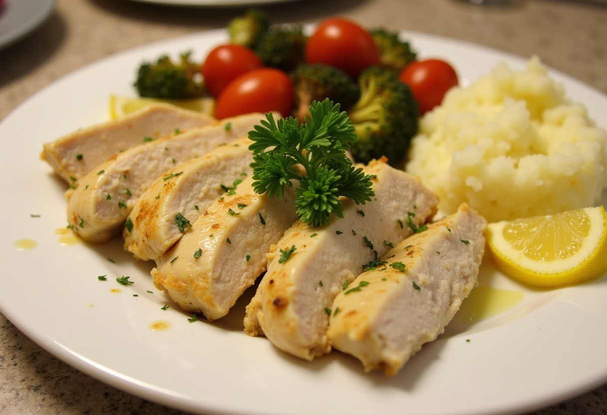 Finished Quick and Easy Garlic Butter Chicken served with roasted vegetables and mashed potatoes