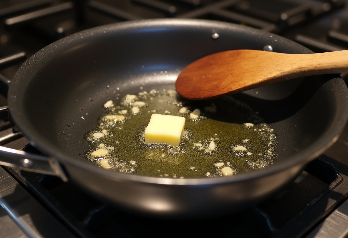 Melted butter and minced garlic sizzling in a skillet for Garlic Butter Chicken