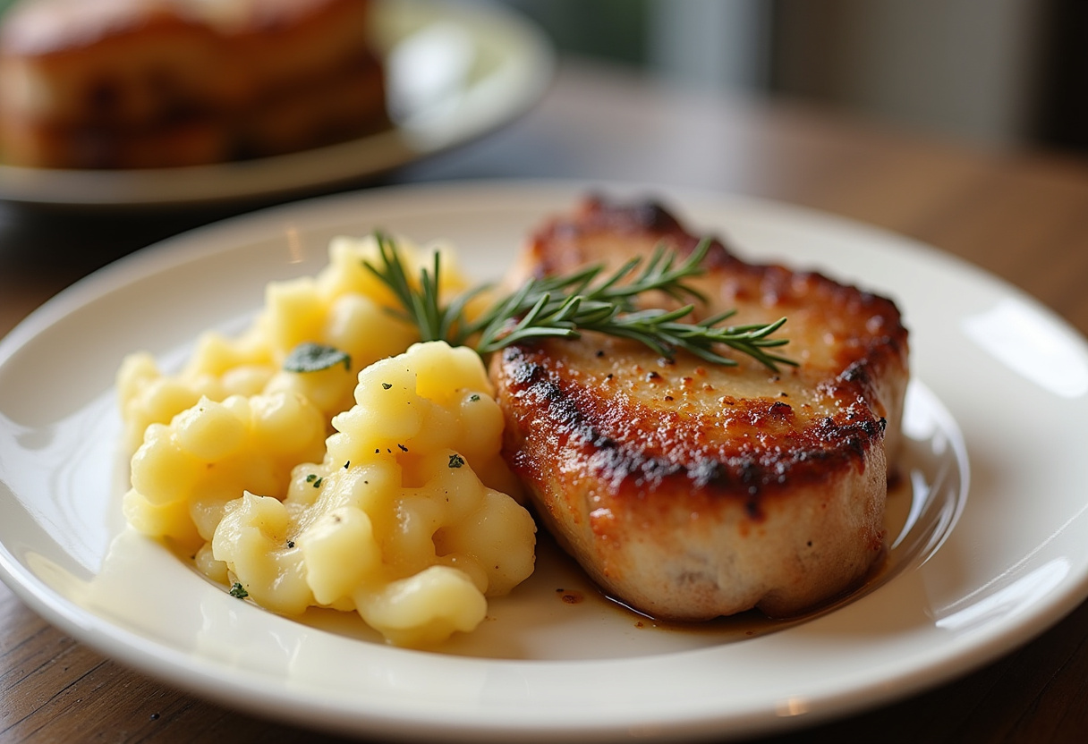 Finished Quick and Easy Pork Chops with Scalloped Potatoes, ready to serve.