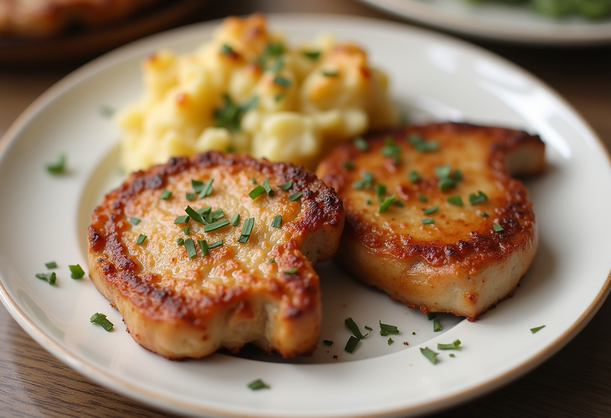 Finished Quick and Easy Pork Chops with Scalloped Potatoes, ready to serve.