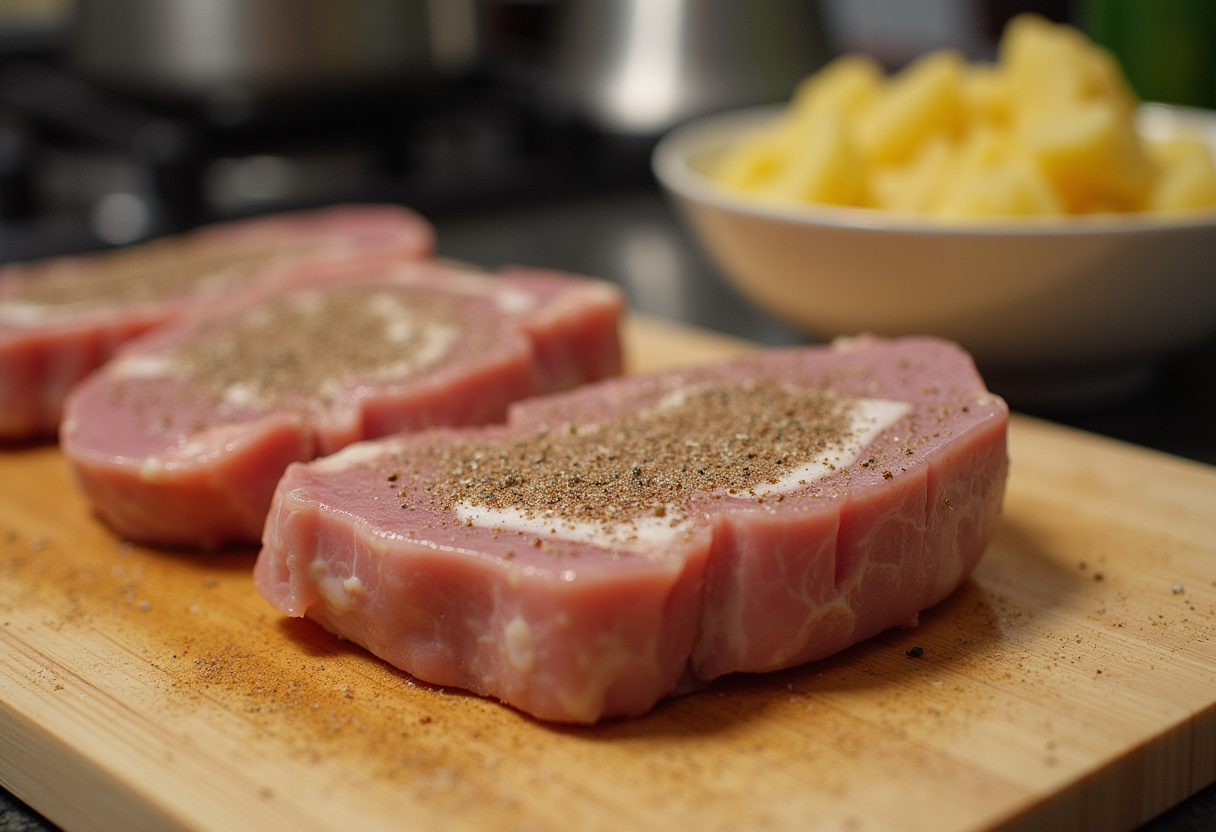 Seasoned pork chops and scalloped potatoes mixture ready for cooking.