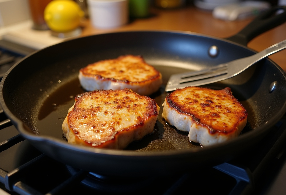 Pork chops frying in a skillet for Quick and Easy Pork Chops recipe.