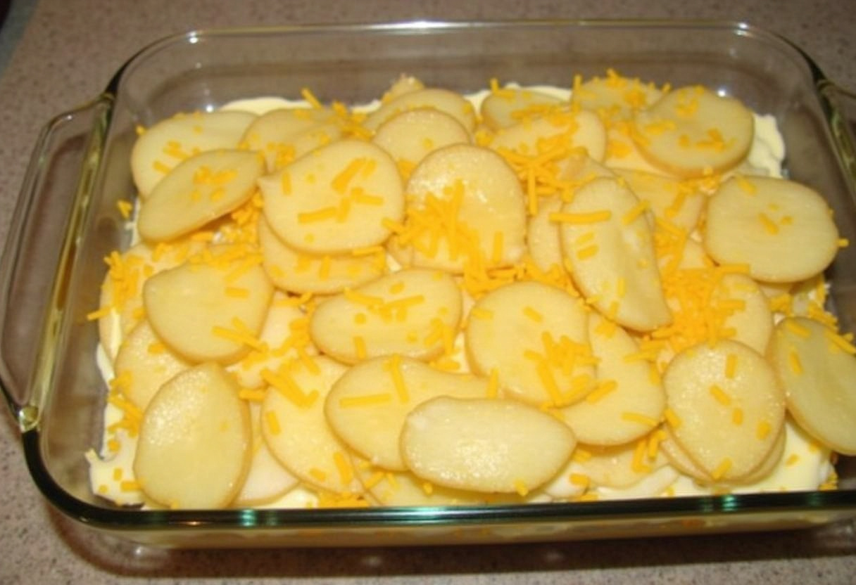 Scalloped potatoes layered in a baking dish for Quick and Easy Pork Chops recipe.
