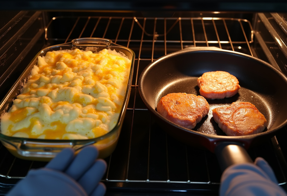 Scalloped potatoes and pork chops ready to bake in the oven.