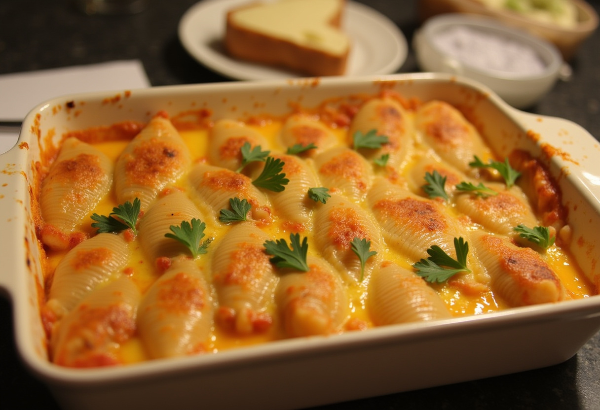 Baked Seafood Stuffed Shells with melted cheese and fresh parsley, ready to serve.