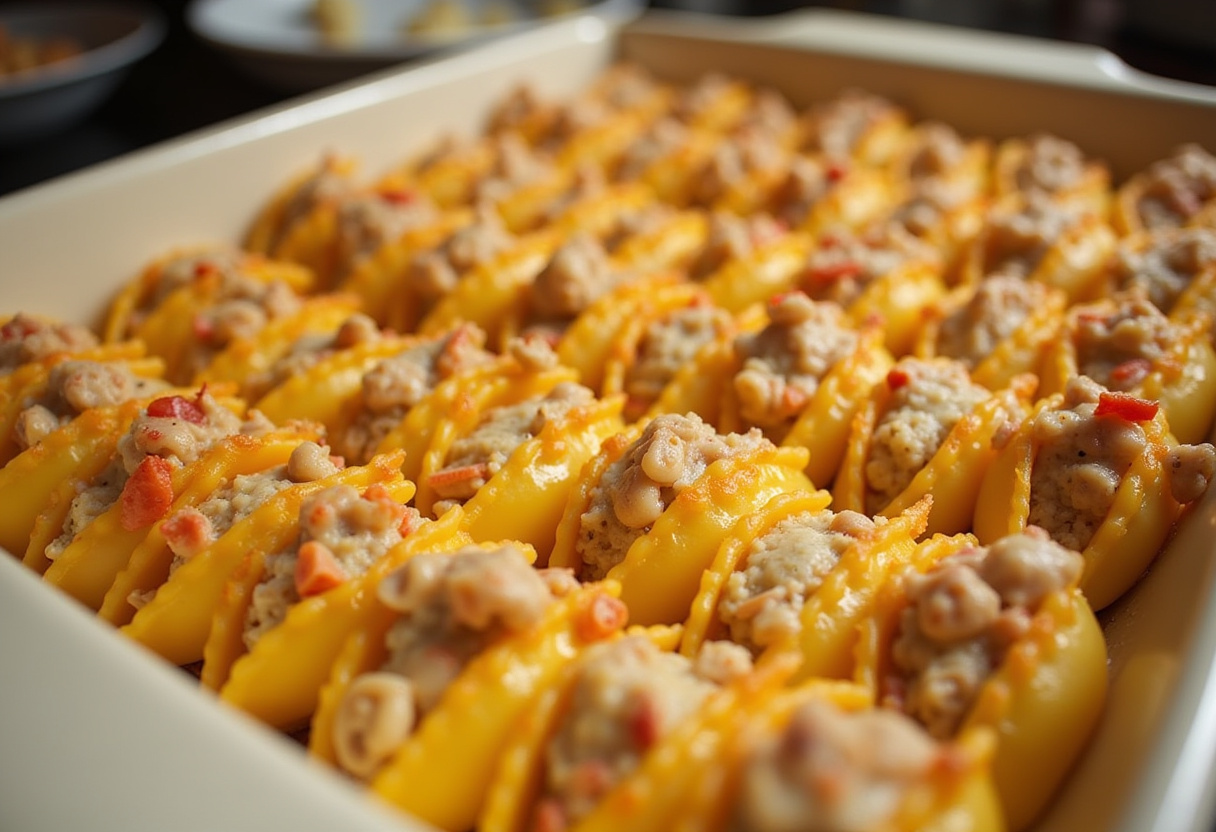 Stuffed pasta shells arranged in a baking dish for Seafood Stuffed Shells.