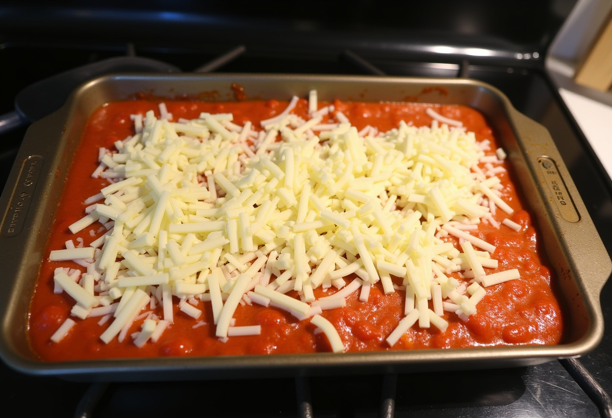 Seafood Stuffed Shells topped with marinara and cheese before baking.