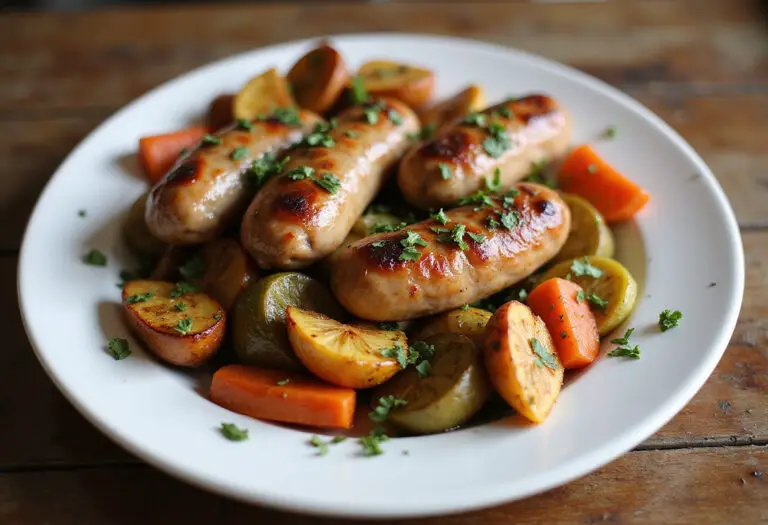 Finished sheet pan sausage and veggies garnished with herbs, ready to eat.
