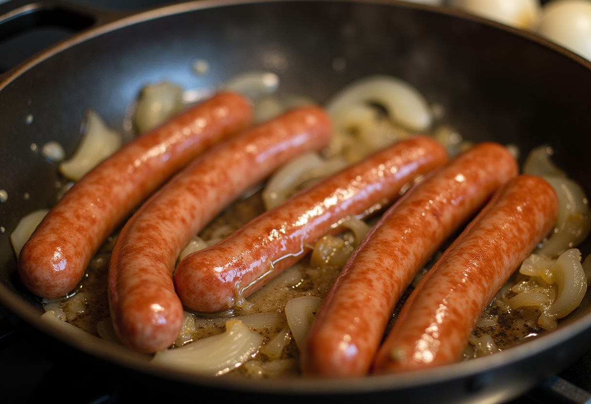 Italian sausages browning in a pot for creamy Italian sausage soup.