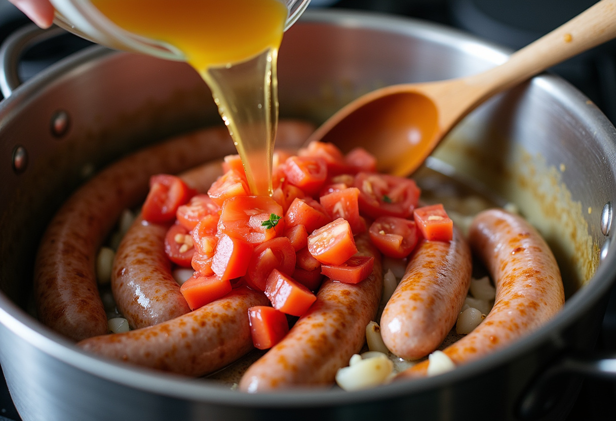 Adding diced tomatoes and chicken broth to the sausage mixture for creamy Italian sausage soup.