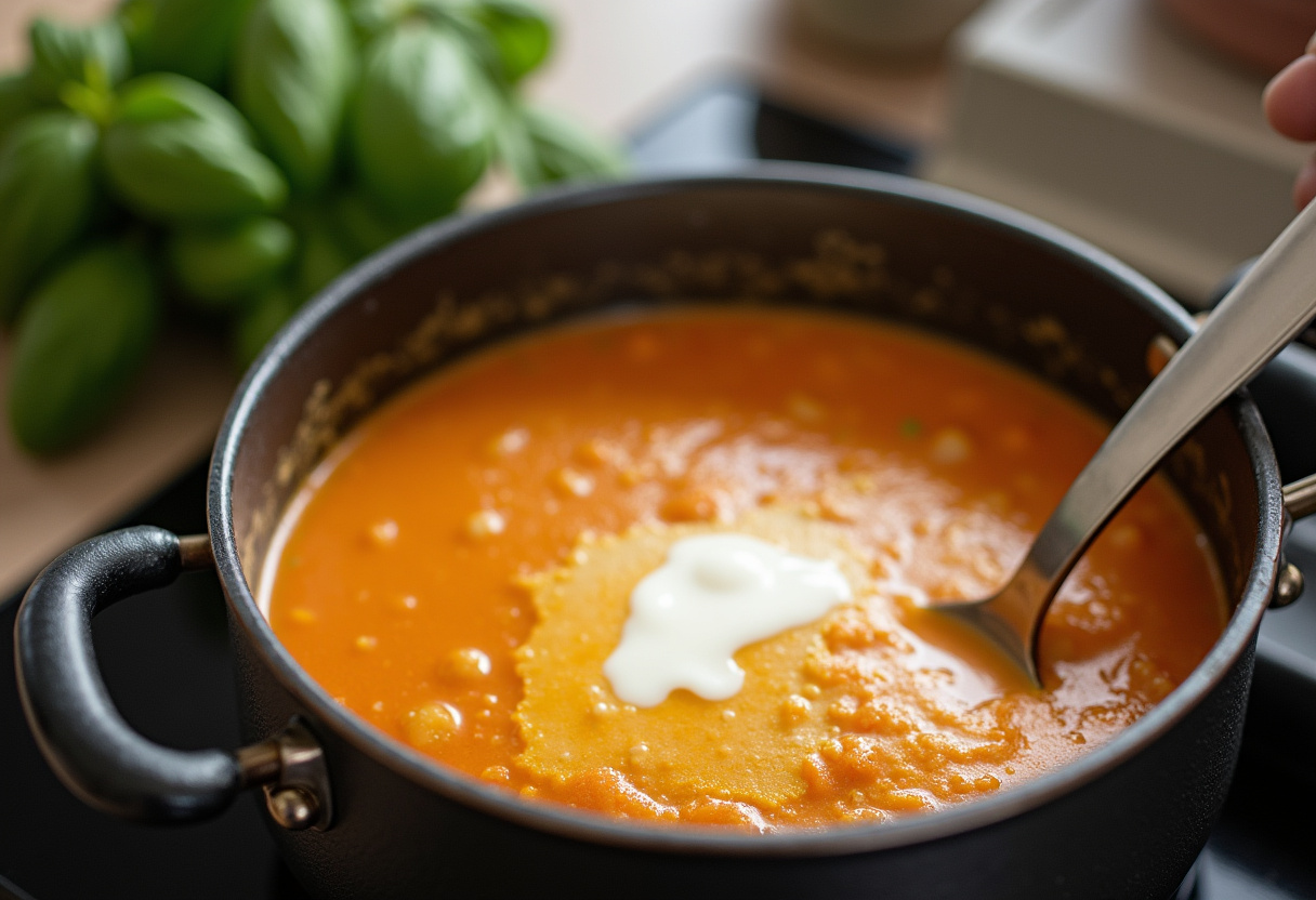 Stirring heavy cream into the simmering Italian sausage soup for a creamy finish.