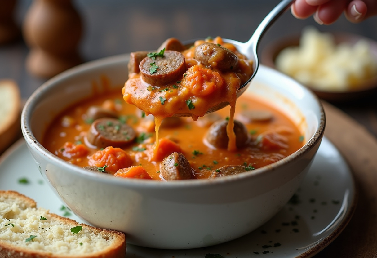 Ladling creamy Italian sausage soup into a bowl, ready to serve.
