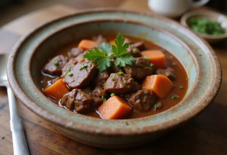 Delicious slow cooker beef stew garnished with parsley, ready to serve.