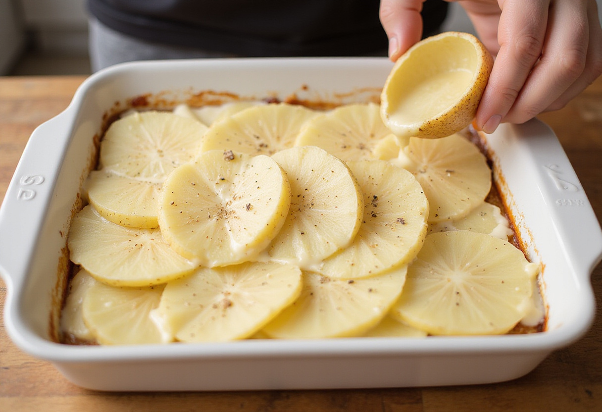 Layering potatoes and cream for Dauphinoise Potatoes side dish for slow roast lamb.