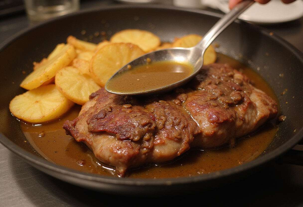 Basting slow roast lamb with pan juices alongside Dauphinoise Potatoes.