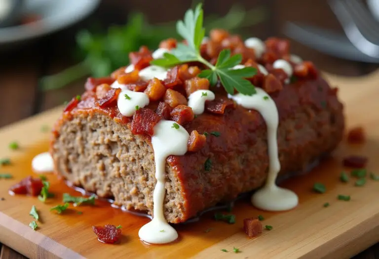 Finished Smoky Jalapeno Popper Meatloaf with bacon and ranch drizzle, ready to serve.