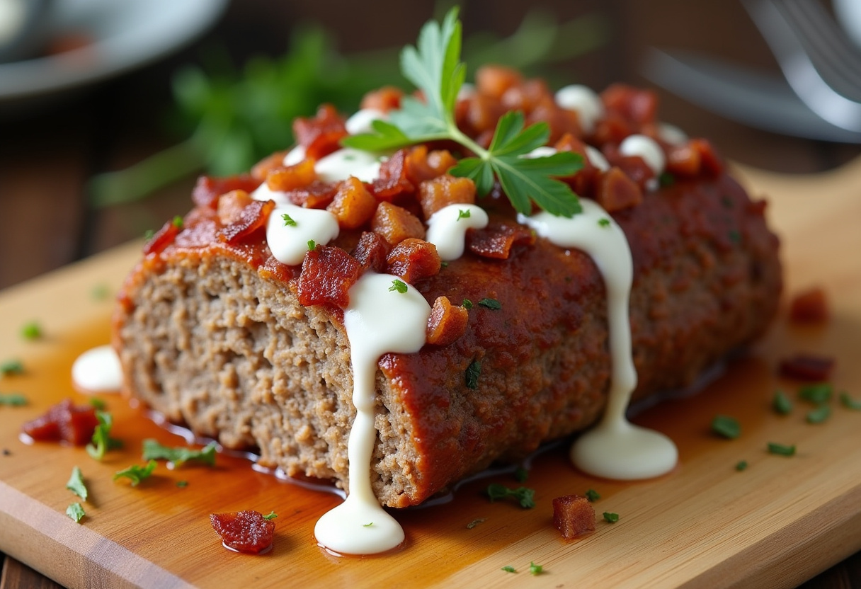 Finished Smoky Jalapeno Popper Meatloaf with bacon and ranch drizzle, ready to serve.