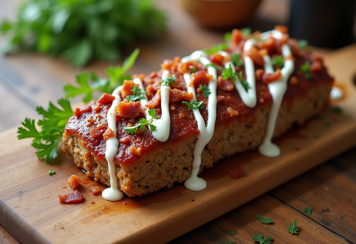 Finished Smoky Jalapeno Popper Meatloaf with bacon and ranch drizzle, ready to serve.