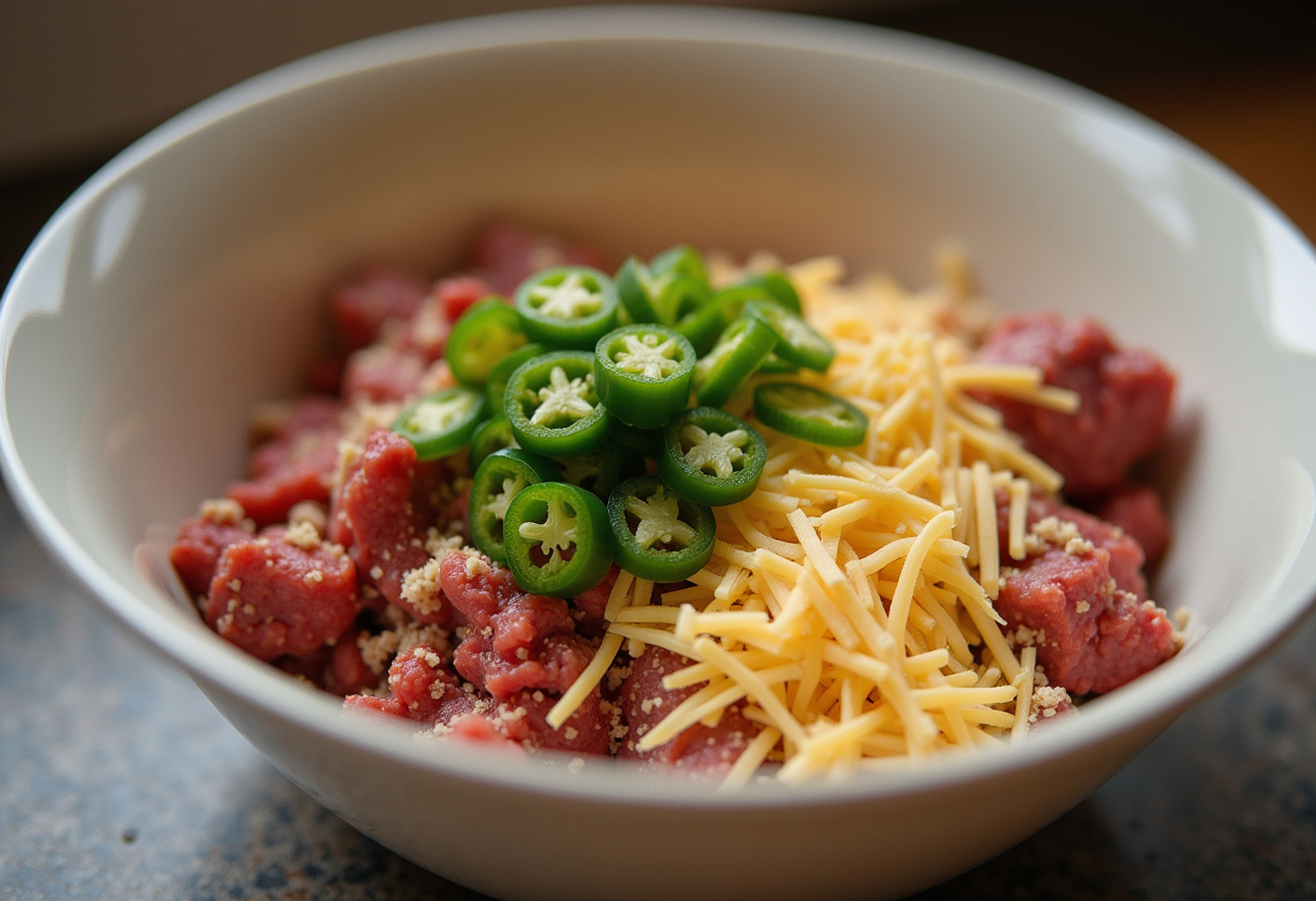 Ground beef mixed with jalapenos and cheese for Smoky Jalapeno Popper Meatloaf.