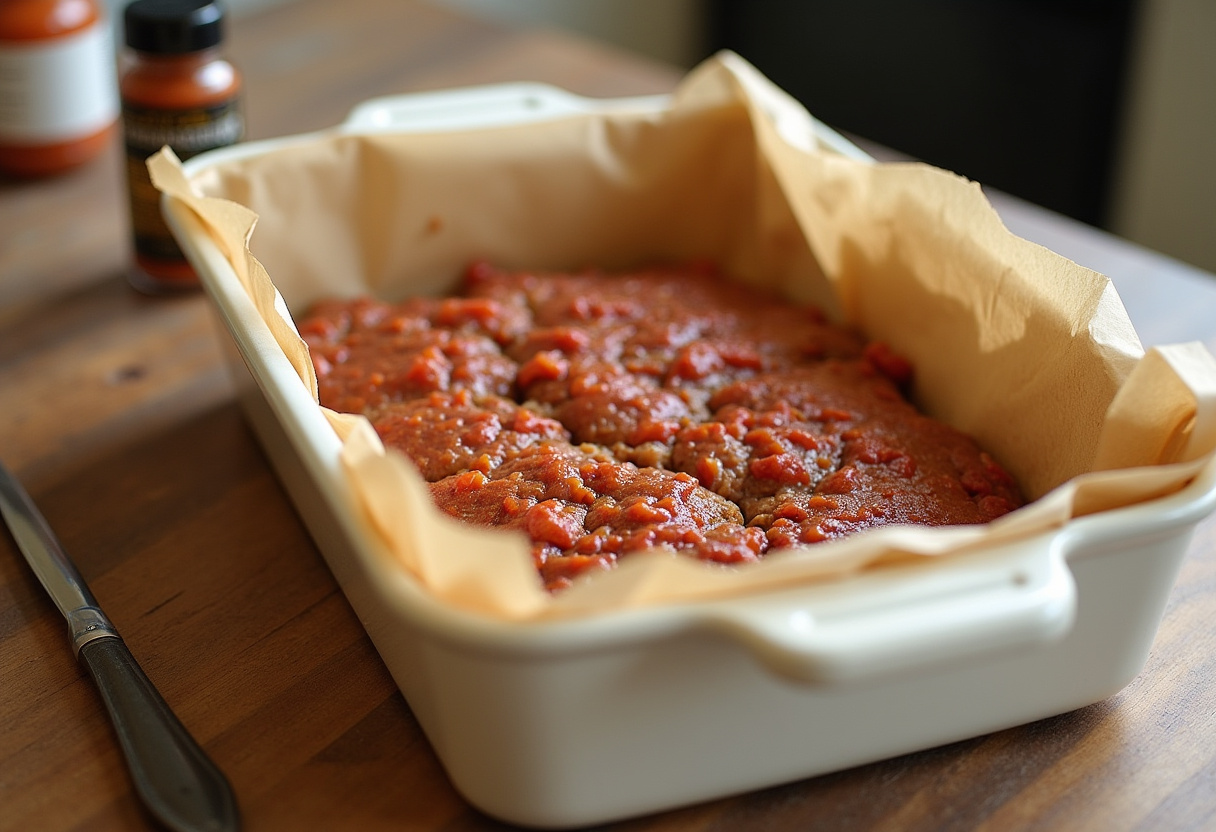Preparing baking dish for Smoky Jalapeno Popper Meatloaf with chipotle seasoning.