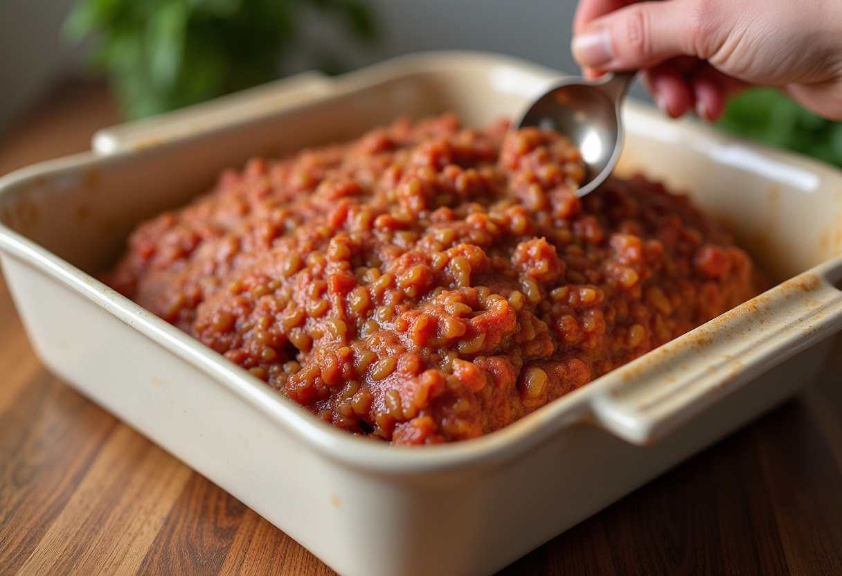 Shaping the meatloaf mixture in the baking dish for Smoky Jalapeno Popper Meatloaf.