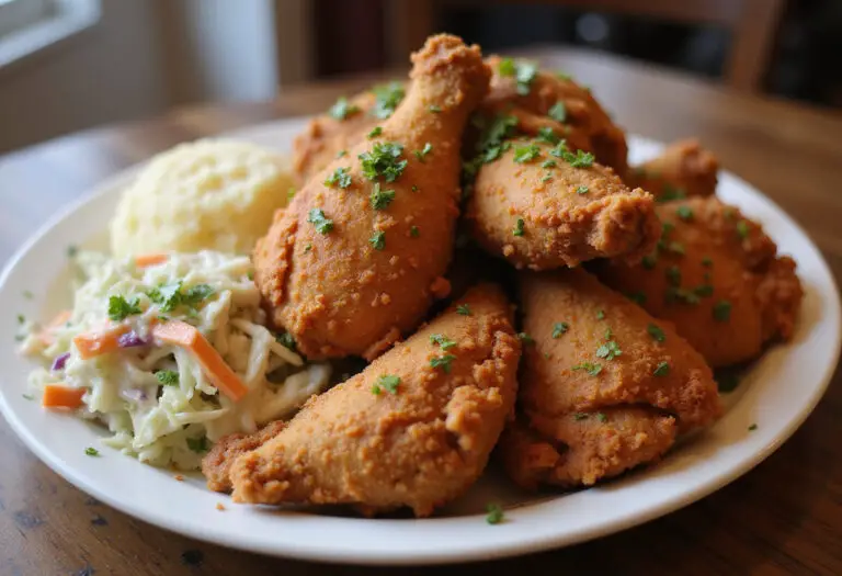 Delicious Southern Fried Chicken served with sides on a wooden table.