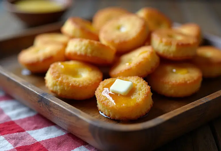 Golden Southern-Style Honey Butter Cornbread Poppers drizzled with honey, ready to serve.