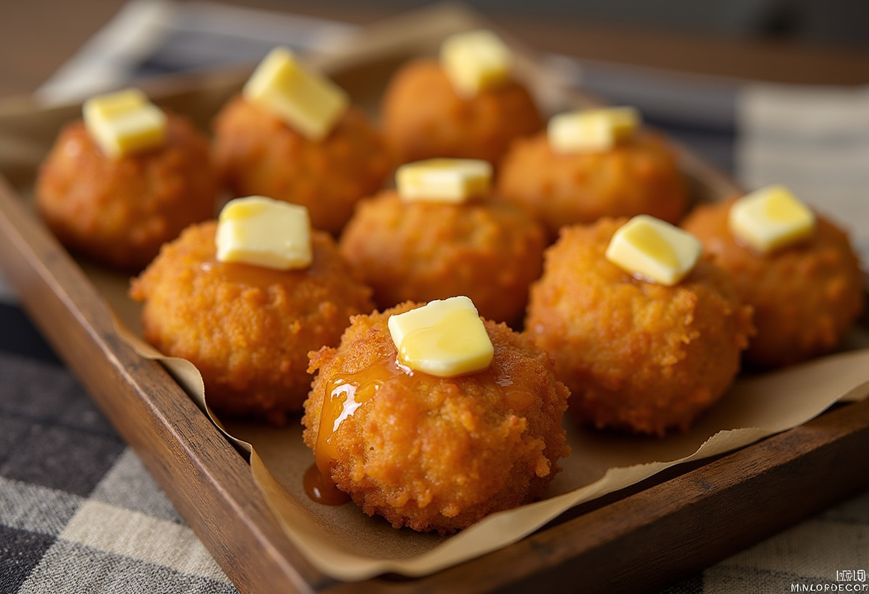 Golden Southern-Style Honey Butter Cornbread Poppers drizzled with honey, ready to serve.