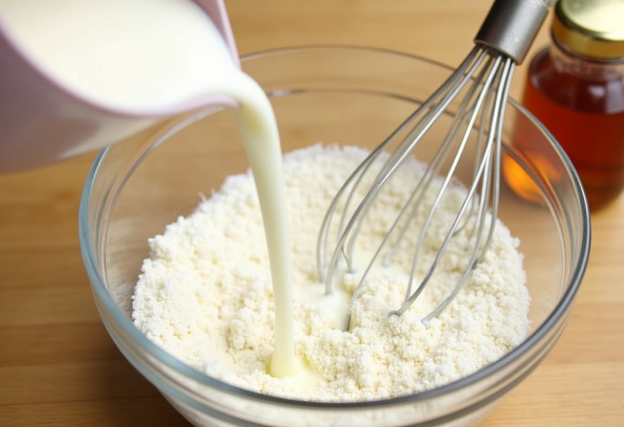 Buttermilk being added to dry ingredients for honey butter cornbread poppers.
