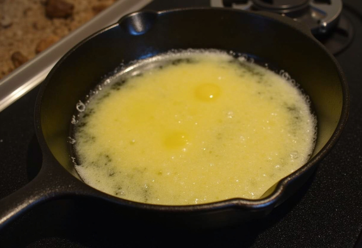Cast-iron skillet heating with melted butter for Southern-Style Honey Butter Cornbread Poppers.