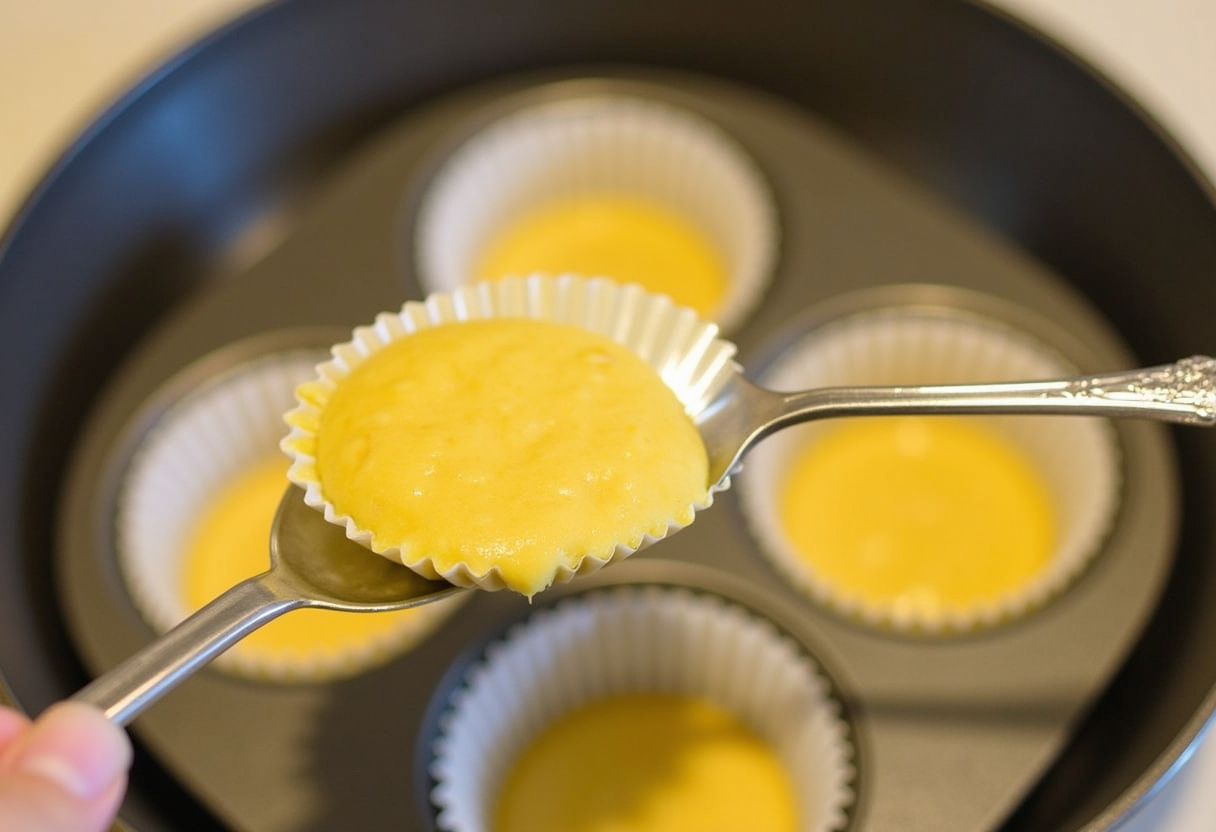 Cornbread batter being scooped into mini muffin tins for poppers.