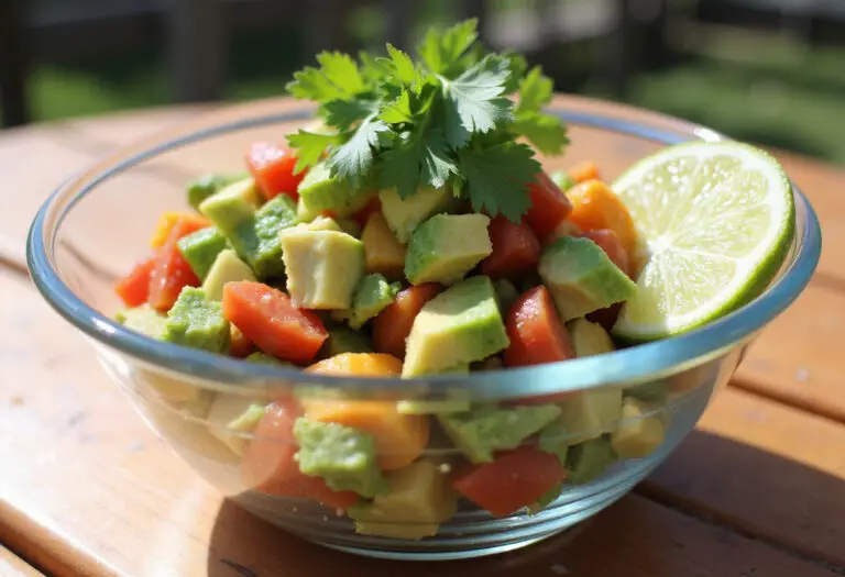 Delicious Southwest Avocado Salad garnished with cilantro and lime, perfect for a summer meal.