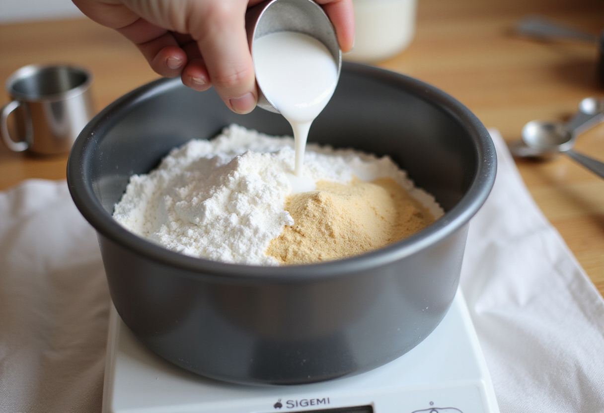 Measuring dry ingredients into a round cake pan for perfect bento cake.