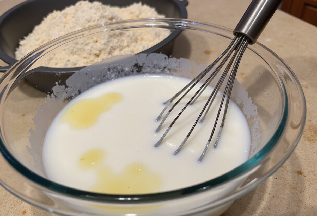 Mixing wet ingredients for a step-by-step bento cake recipe.