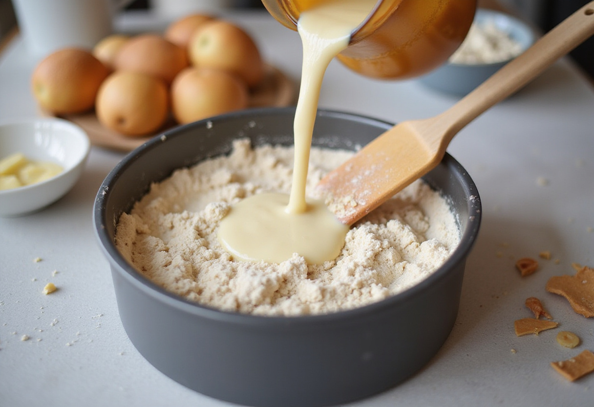 Combining wet and dry ingredients to create bento cake batter.