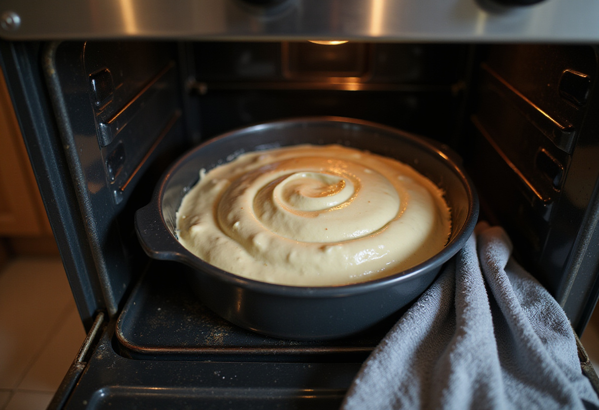 Bento cake batter placed in the oven for baking.