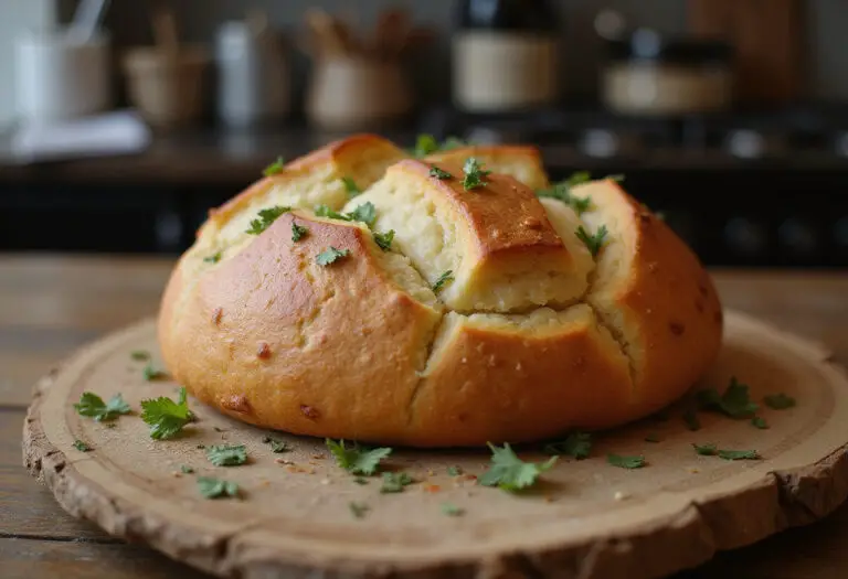 Perfectly baked cabbage bread loaf with fresh herbs on a cutting board.