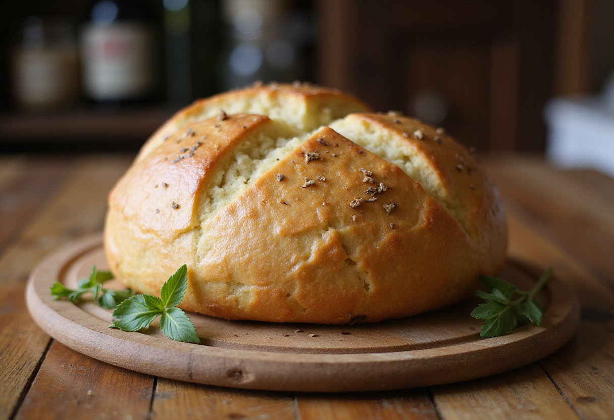 Perfectly baked cabbage bread loaf with fresh herbs on a cutting board.