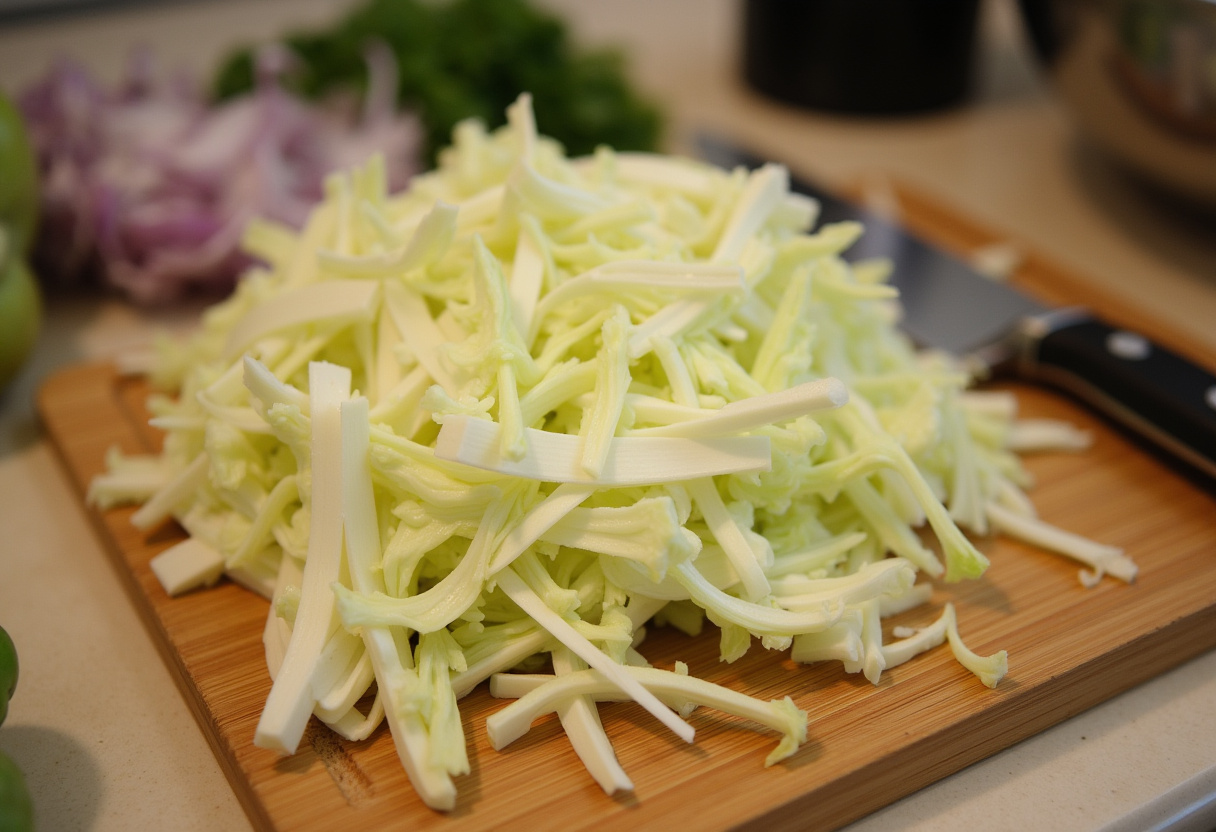 Shredded cabbage being prepared on a cutting board for cabbage bread recipe.