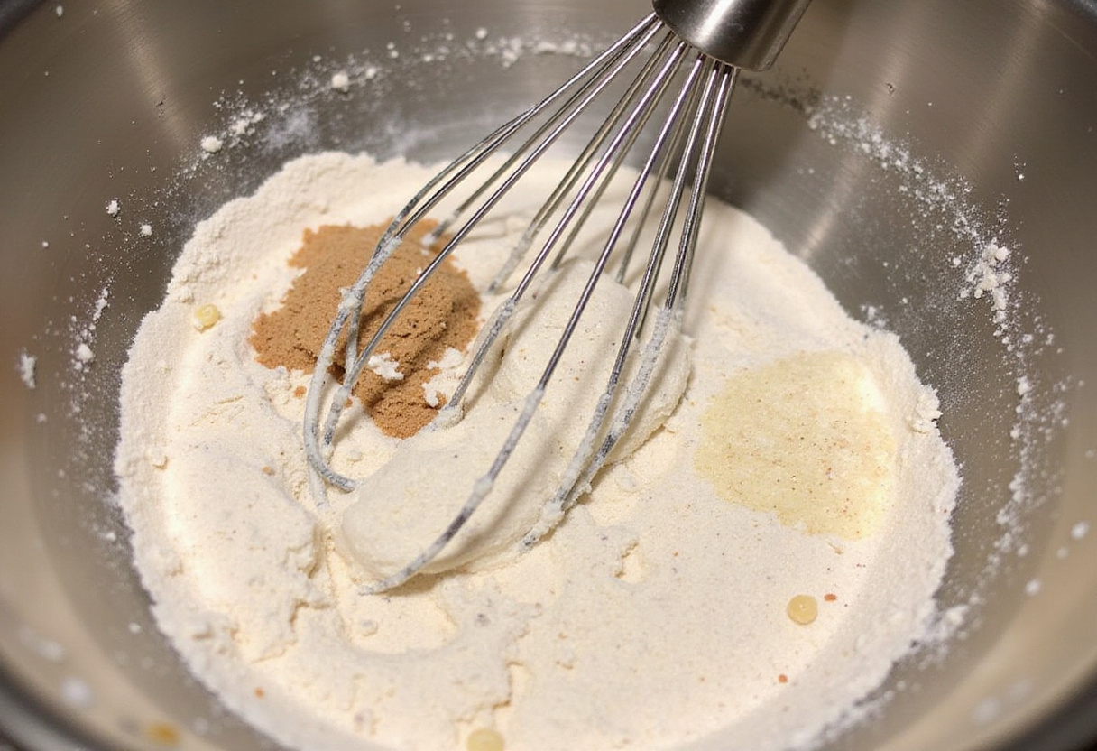 Dry ingredients being mixed in a bowl for perfect cabbage bread.