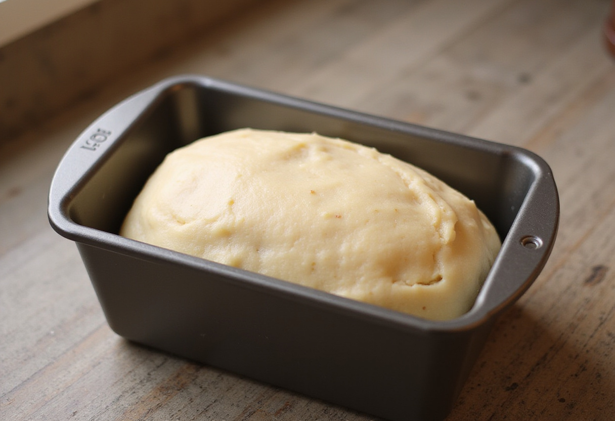 Dough being placed in a greased loaf pan for cabbage bread.