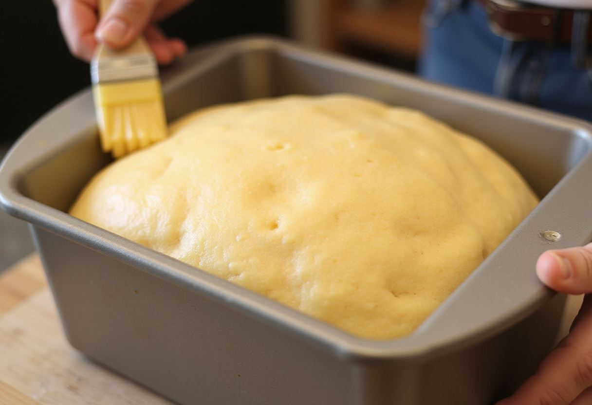 Egg wash being applied to cabbage bread dough before baking.