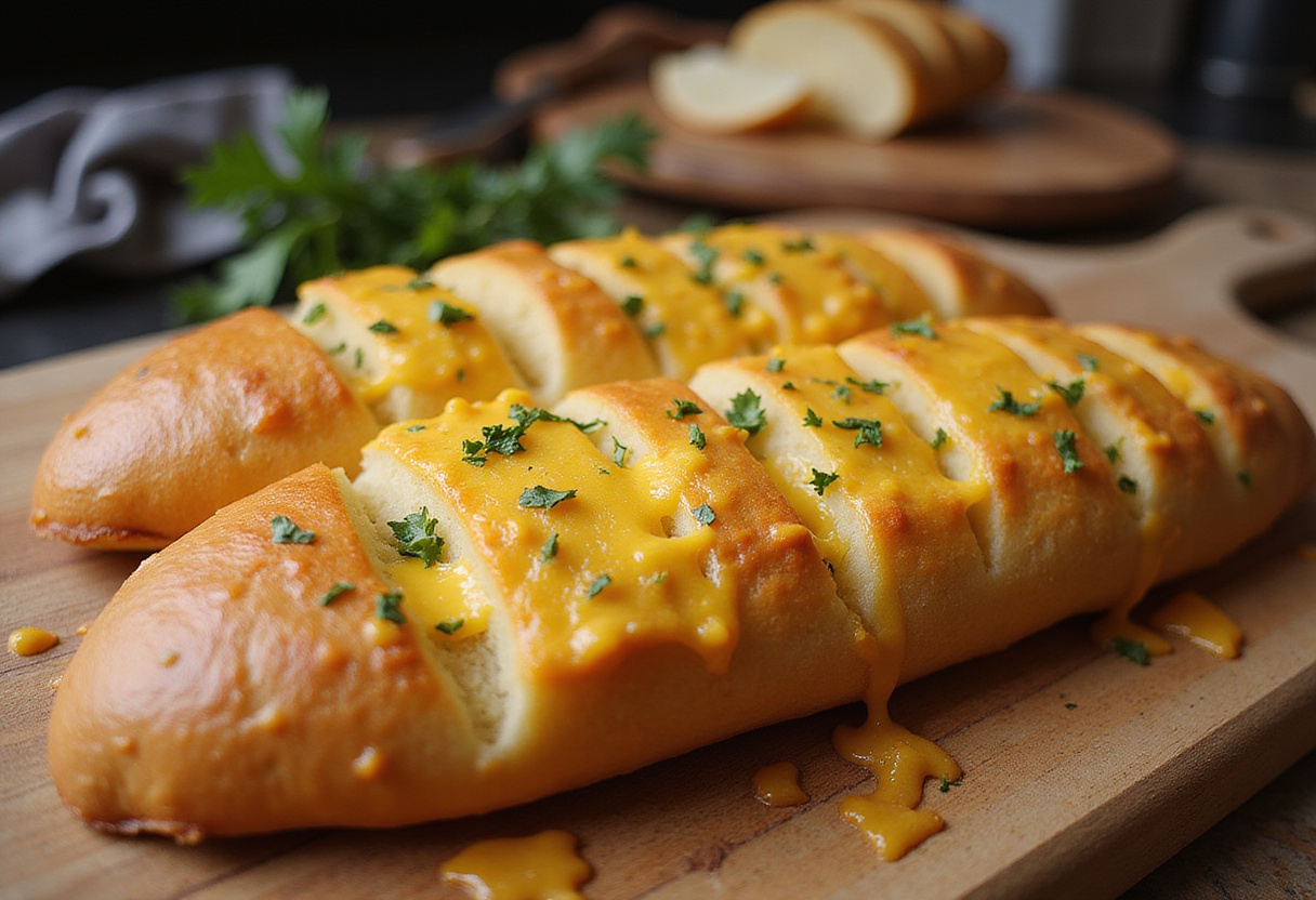 Perfectly baked Cunetto's garlic cheese bread, ready to serve.