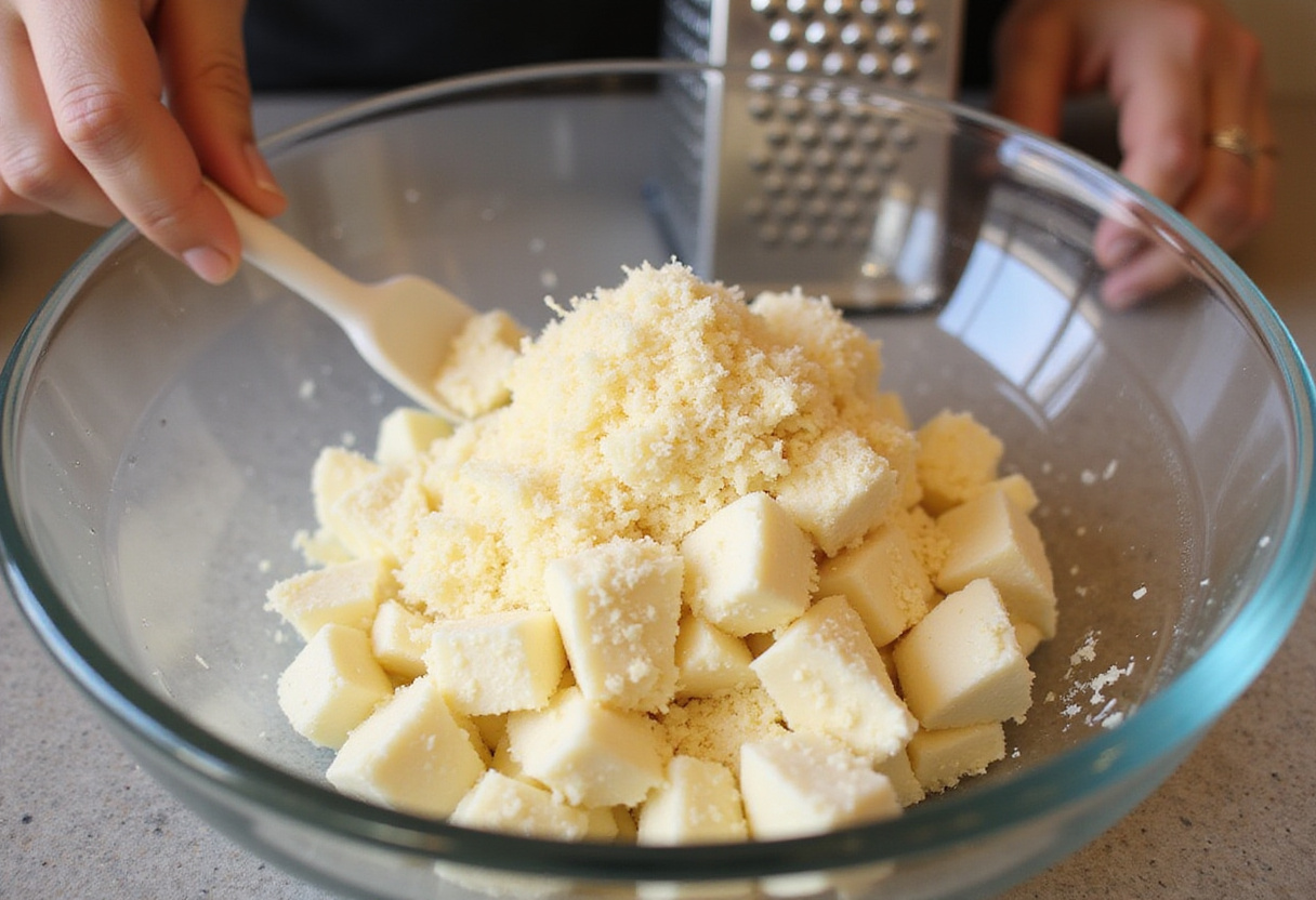 Parmesan and mozzarella cheese being mixed for garlic cheese bread topping.