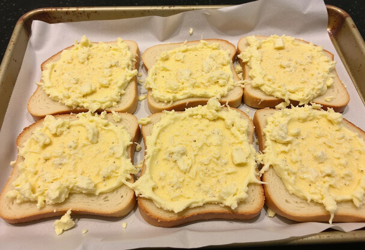 Garlic butter and cheese being spread on Italian bread for Cunetto's garlic cheese bread.